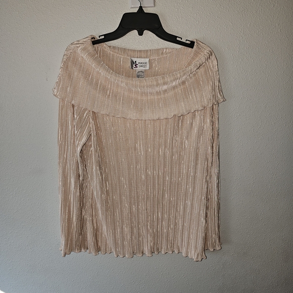Maggie Sweet Tops - Maggie Sweet Women's Beige Pleated Long Sleeve Blouse Size L Pullover Boat Neck